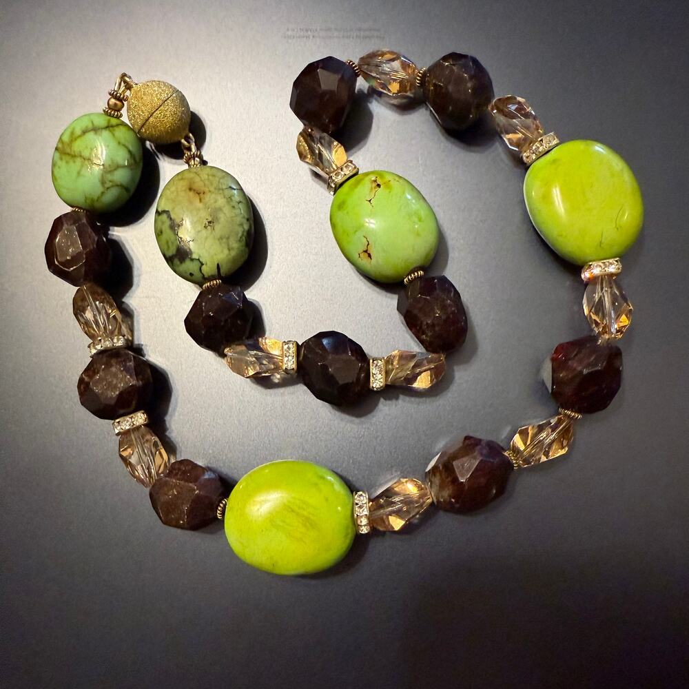 Chunky Green Stone & Faceted Beaded Statement Necklace